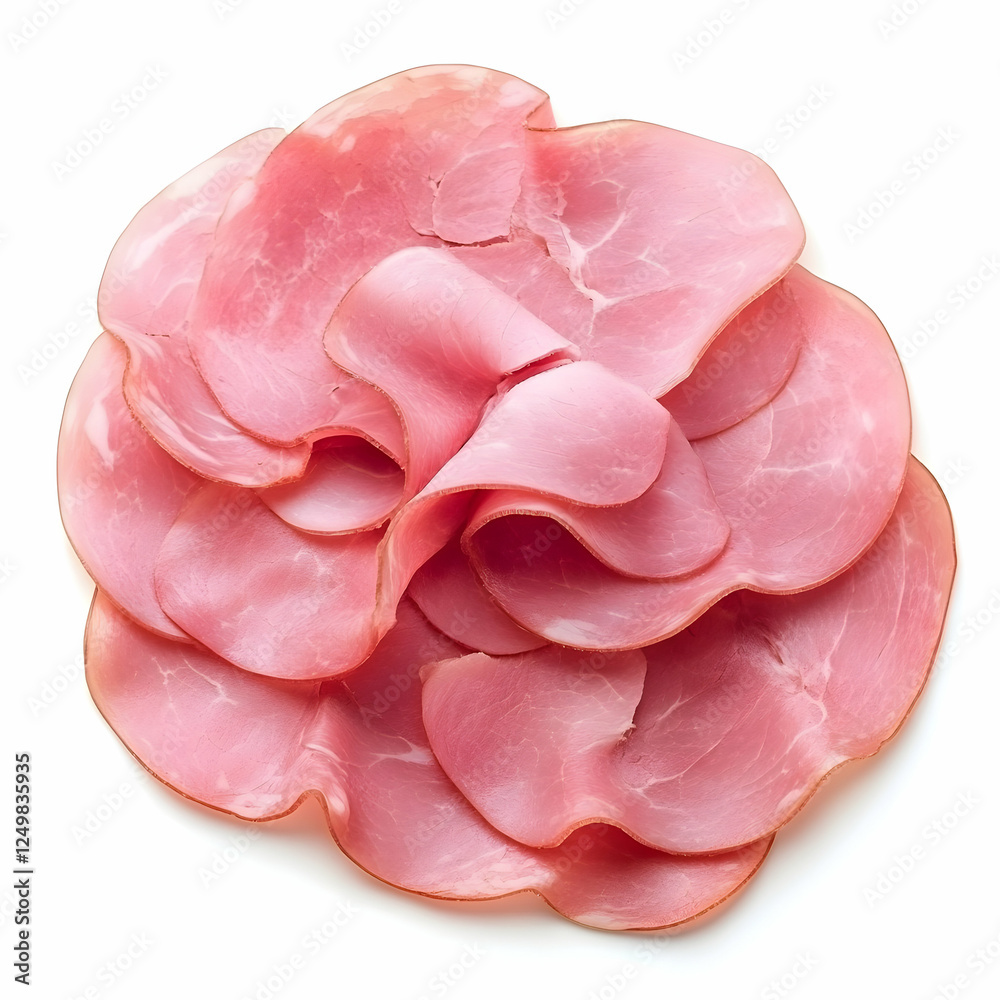 Thinly sliced ham rosette, food photography, white background, appetizing Thinly sliced ham rosette, food photography, white background, appetizing