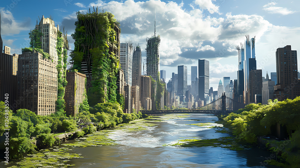 Obraz premium Post-apocalyptic world where nature has reclaimed a city with skyscrapers overgrown with vines and trees as rivers flow through streets. Nature Reclaiming Cities. Illustration
