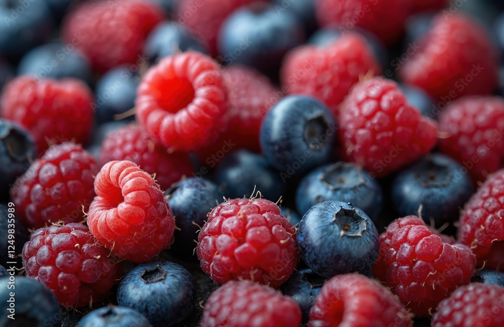 Close-up view of mixed fresh red raspberries, blueberries. Ripe berries juicy, vibrant. Healthy snack dessert ingredient. Organic fruit background. High quality image suitable for food blog recipe. Close-up view of mixed fresh red raspberries, blueberries. Ripe berries juicy, vibrant. Healthy snack dessert ingredient. Organic fruit background. High quality image suitable for food blog recipe.