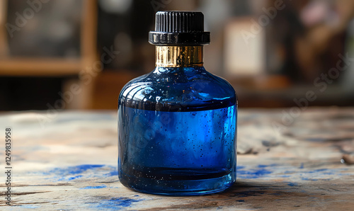 Sapphire Ink Bottle Tipped on Oak Desk, Symbolizing Creativity and Luxury in Writing Tools photo