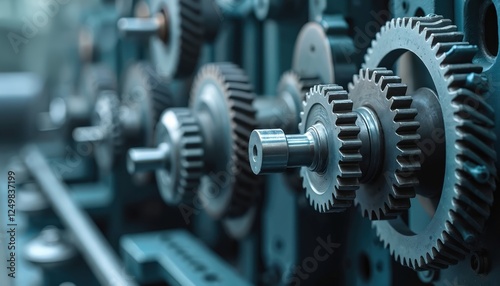 Closeup view of interlocking metal gears. Precision engineering components of complex machine. Interconnected mechanisms of industrial machinery. Detailed view of gears, machine components. Blue tone
