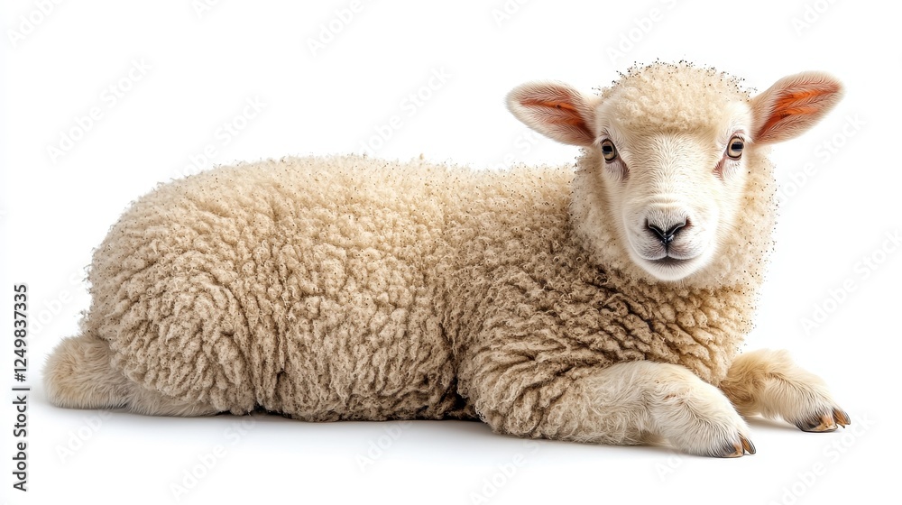Fototapeta premium A cute, fluffy lamb resting on a white background.