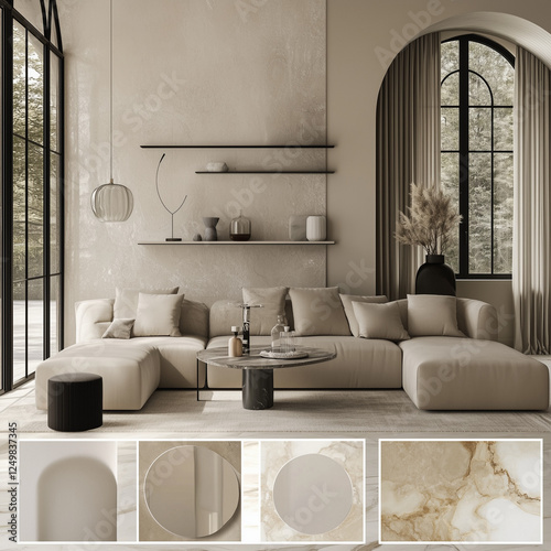 mood board for a living room with a modern classic style, colors beige, vanilla, black steel framed windows and light marble finish epoxy flooring with decorative arched wall shelves
