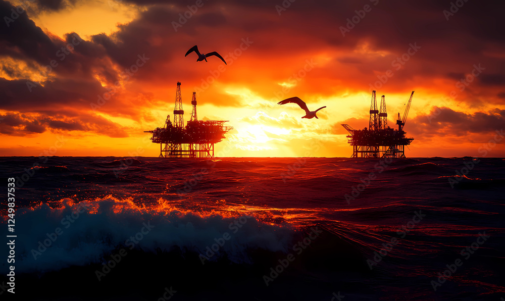 Offshore oil platforms in the sea with pelicans flying overhead, highlighting industrial power and natural beauty Offshore oil platforms in the sea with pelicans flying overhead, highlighting industrial power and natural beauty