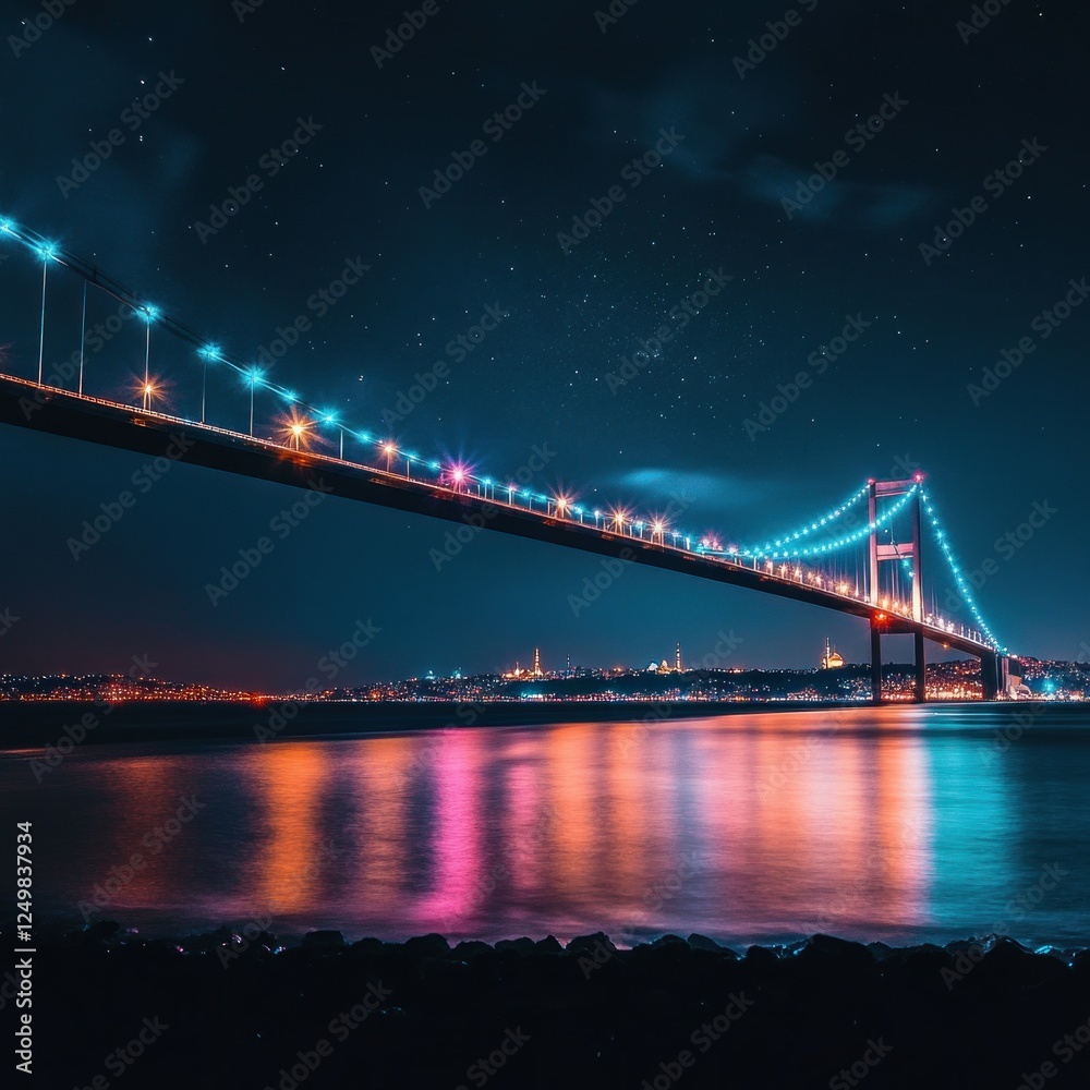 Fototapeta premium Night view of a vibrant bridge over water with colorful lights, stars, and city skyline. Possible use Travel brochure, tourism website