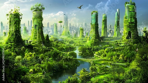 Lush green futuristic city, nature reclaiming urban landscape photo