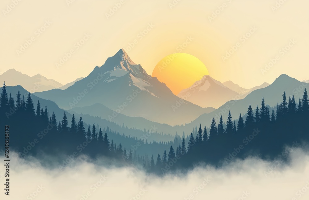 Obraz premium Mountain range at dawn. Peaks illuminated by sunrise. Soft pastel colors in sky. Foggy valley below. Peaceful landscape. Nature scene. Inspiring image. Serene morning. Majestic mountain range. Forest