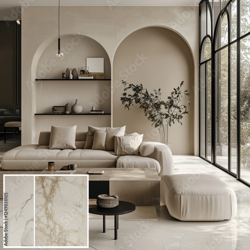 mood board for a living room with a modern classic style, colors beige, vanilla, black steel framed windows and light marble finish epoxy flooring with decorative arched wall shelves
