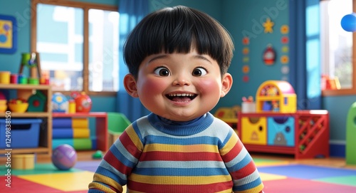 Toddler chubby Asian boy cheerful short black hair striped sweater on daycare playroom background 3d illustration