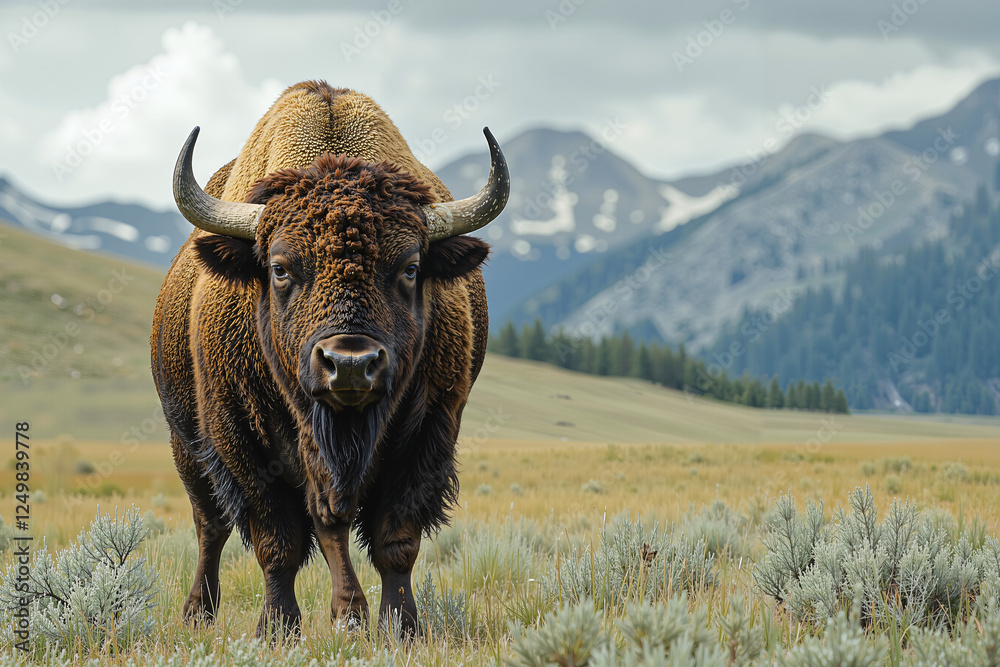 A large wood bison stands in a field with mountains in the background. A large wood bison stands in a field with mountains in the background.
