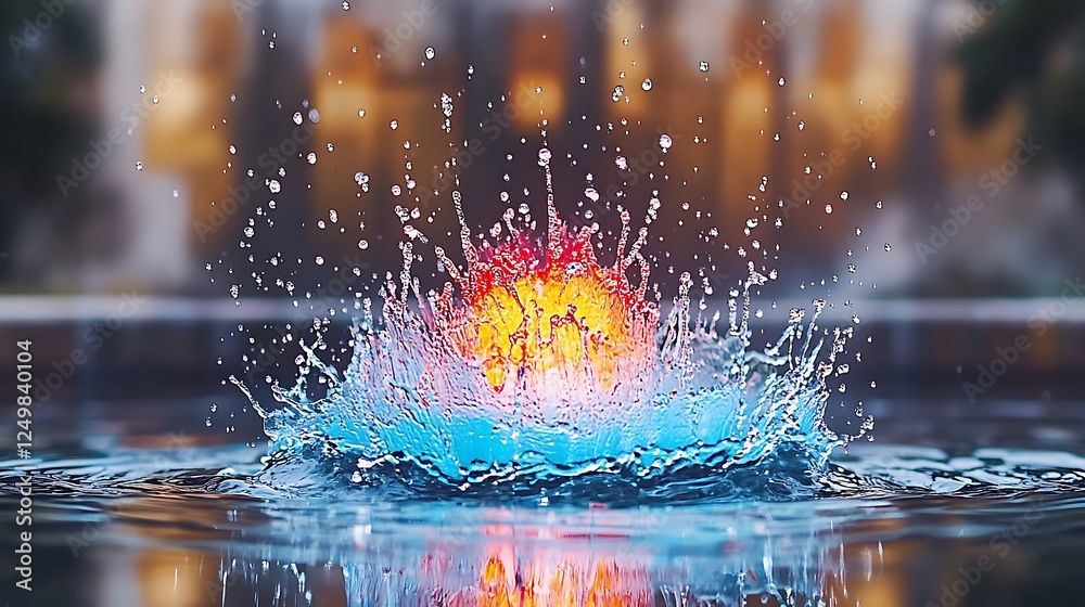Fototapeta premium Colorful water splash creating vibrant ripples in a serene pool with blurred background