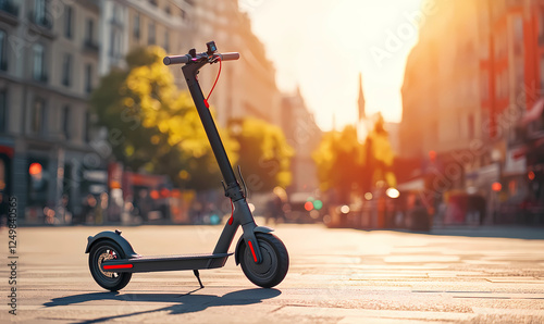 Electric scooter parked in a busy plaza, isolated, symbolizing modern urban mobility and sustainable transport solutions photo