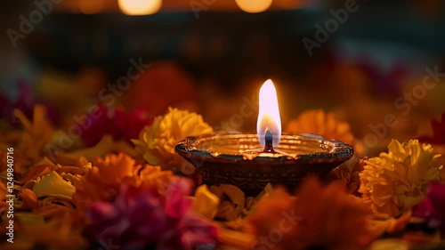 Burning diya oil lamp nestled on colorful flower petals, radiating warm glow symbolizing festive hindu spiritual tradition during diwali celebration