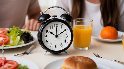 A classic black alarm clock on a breakfast table with fresh food, juice, and a woman in the background, symbolizing intermittent fasting, time management, and healthy eating
 photo
