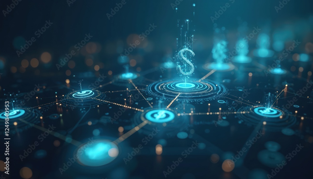 Digital cash flow visualized as glowing network. Online financial transactions connected. Abstract tech concept of money flowing. Visualizes digital economy. Represents global commerce, investment.