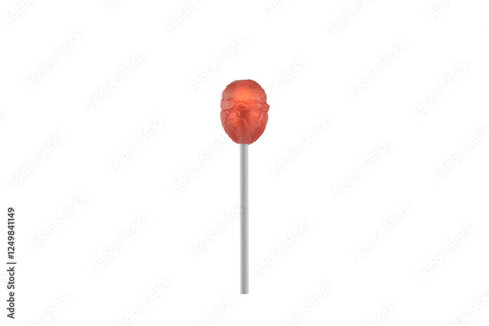 A single round orange lollipop on a white stick against a white background. A single round orange lollipop on a white stick against a white background.