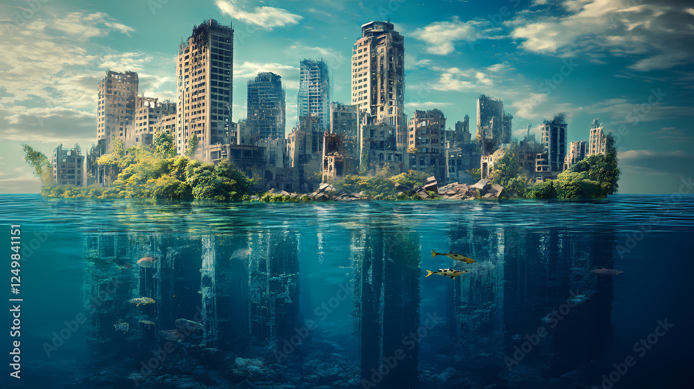 Fototapeta premium A postapocalyptic scene of a submerged city where nature reclaims the ruins. Nature Reclaiming Cities. Illustration