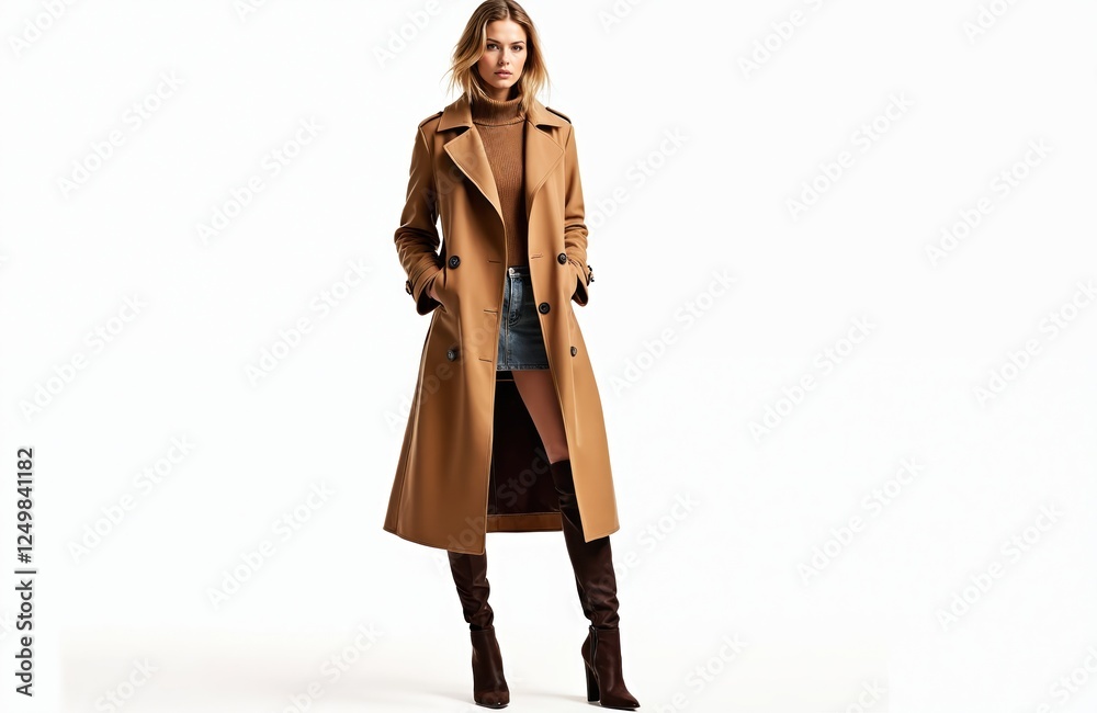 Obraz premium Elegant woman posing in fashionable brown trench coat. Stands confidently in stylish outfit shows autumn fashion trends. Photo shows high fashion portrait, fashion concept of elegant adult female.