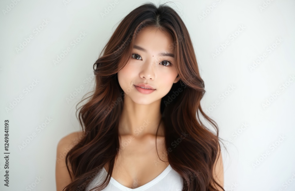 Attractive Asian woman with long brown hair, flawless skin. Portrait shot of young lady against white background. Studio shot. Natural beauty, healthy appearance. Woman gentle smile, pretty facial Attractive Asian woman with long brown hair, flawless skin. Portrait shot of young lady against white background. Studio shot. Natural beauty, healthy appearance. Woman gentle smile, pretty facial
