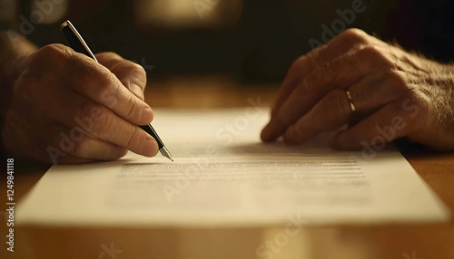 Close-up of hands signing a document, emphasizing the detail and age of the hands.  A sense of finality and importance is conveyed.