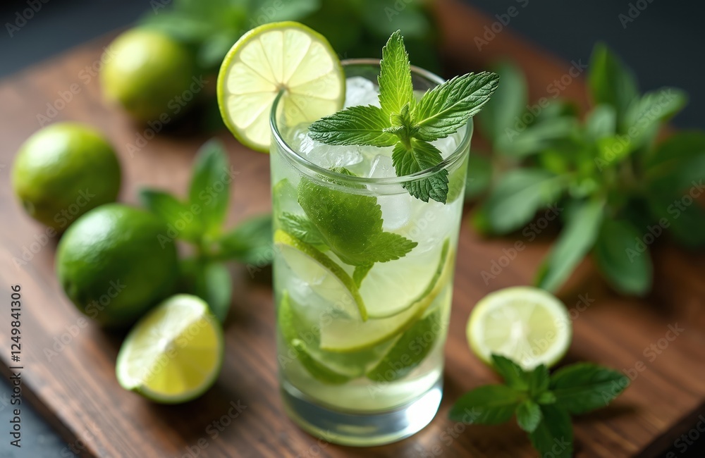Fototapeta premium Refreshing mojito drink with ice, fresh lime, mint. Close-up view of tasty beverage. Perfect summer cocktail on wooden table. No people. Great for bar or eatery. Enjoy delicious, healthy drink.