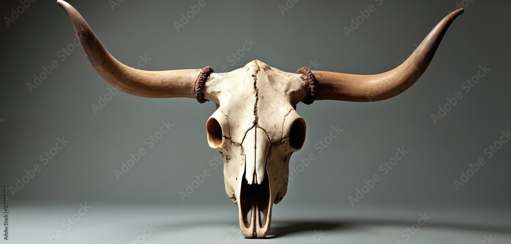 Detailed realistic cow skull object studio shot. Antique western style bovine skull with horns. Rustic decor item. Dried bone. Eerie ambiance. Suitable for western decor enthusiasts for thematic