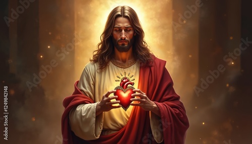 Jesus Christ holds sacred heart. Religious art piece. Devotional painting. Traditional oil painting style. Spiritual imagery. Faith based art. Jesus Christ holds glowing sacred heart. Artistic photo