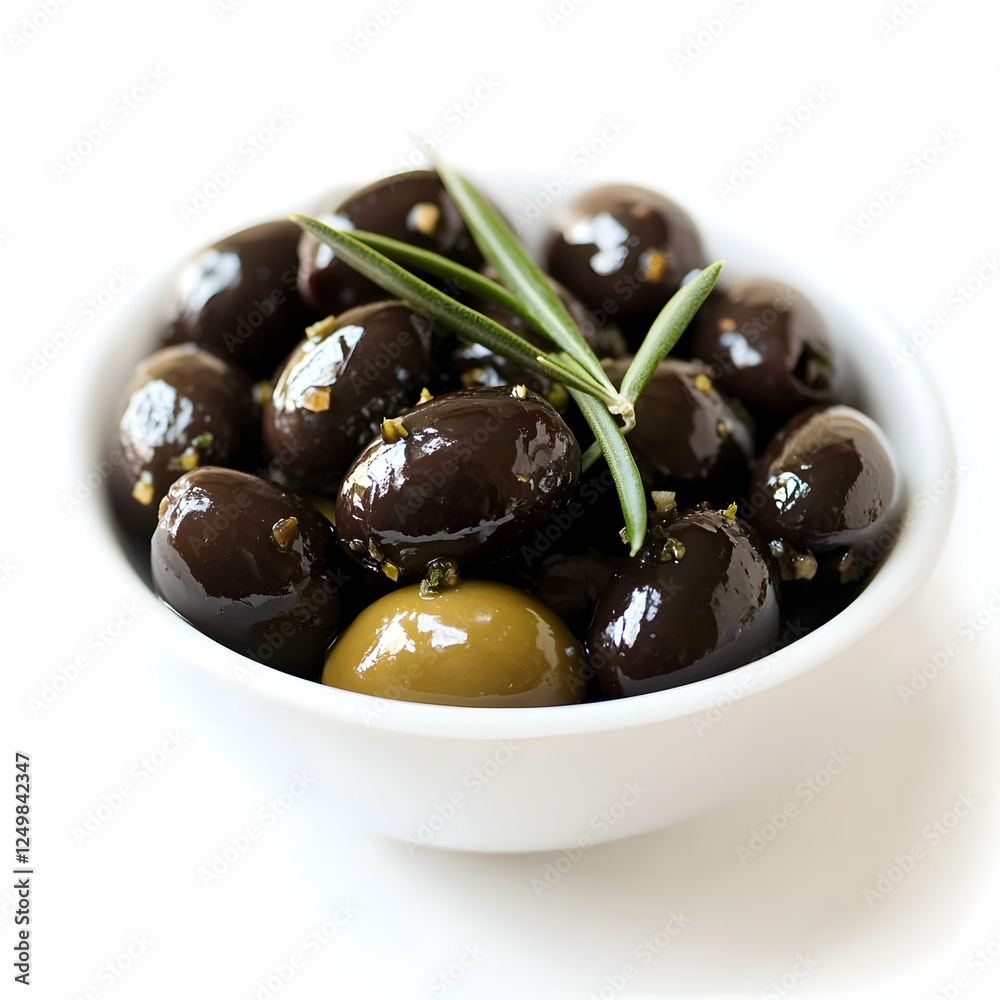 Kalamata olives and rosemary in bowl, white background. Food photography for recipe or menu Kalamata olives and rosemary in bowl, white background. Food photography for recipe or menu