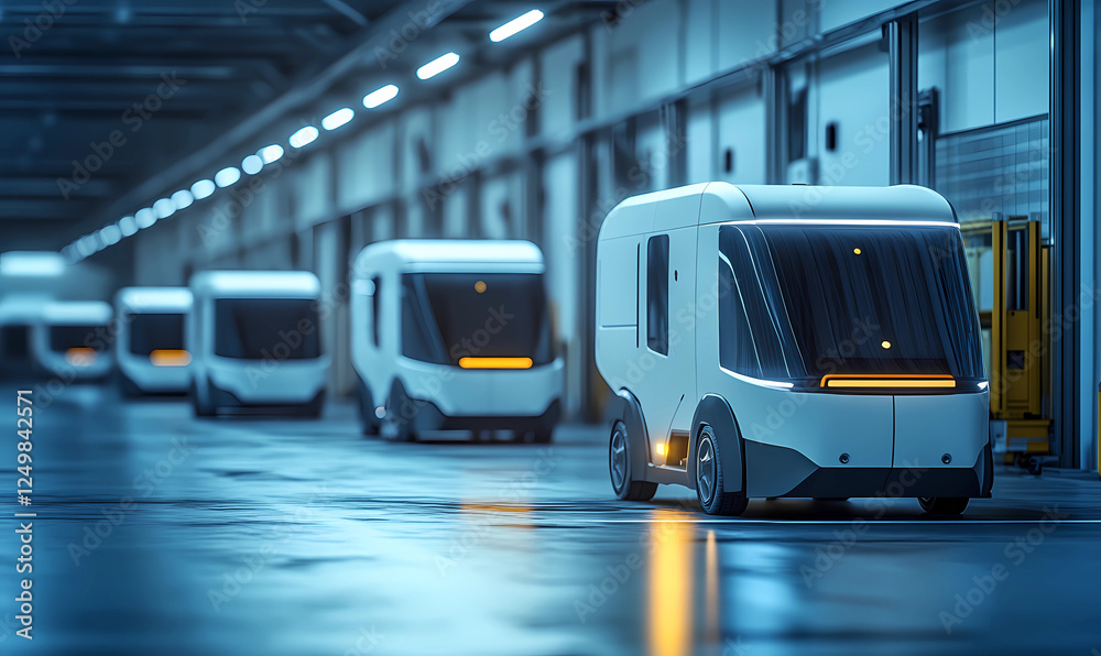 Fleet of autonomous vans departing from a fulfillment center, showcasing cutting-edge transportation and logistics solutions Fleet of autonomous vans departing from a fulfillment center, showcasing cutting-edge transportation and logistics solutions