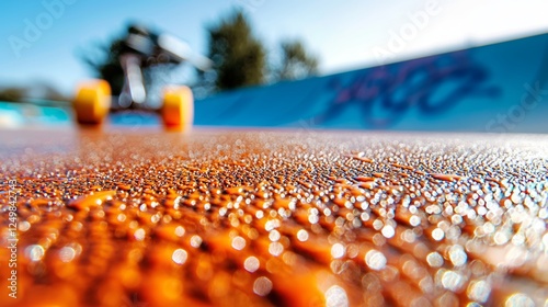 Macro detail of layered spray paint textures on a skate ramp, showcasing graffiti in bold hues, illuminated by direct sunlight, clear sky above photo