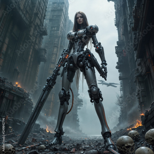 a futuristic, dystopian scene with a female cyborg standing amid a decimated cityscape. Burning buildings and scattered debris surround her, with a plane flying in the background. photo