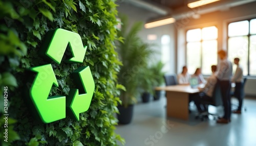 Green recycle symbol decorates office wall. Eco-friendly office space with team meeting. Sustainable workplace promotes waste management. Eco conscious company culture. Eco symbol on living wall. photo