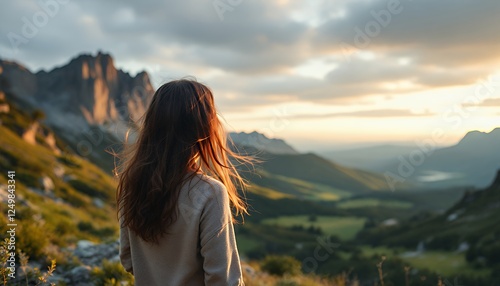 Woman Gazing at Mountain Valley Landscape During Scenic Sunset