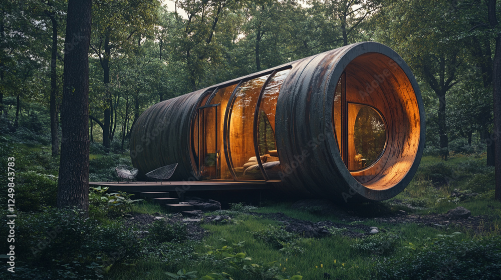 A sleek futuristic metal treehouse with an oval pod shape seamlessly blends into the forest, symbolizing harmony between technology and nature, set in a modern, bright environment.
A sleek futuristic metal treehouse with an oval pod shape seamlessly blends into the forest, symbolizing harmony between technology and nature, set in a modern, bright environment.