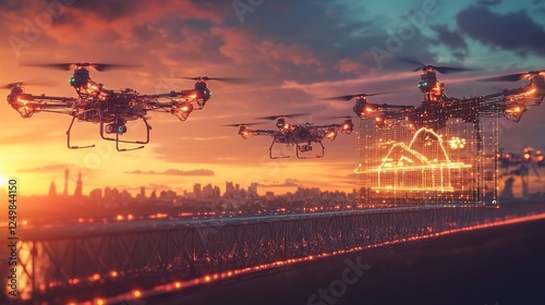 Smart drones assembling a bridge at sunset, their sleek metallic designs glimmering against a glowing holographic schematic in mid-air, dramatic lighting, sci-fi realism