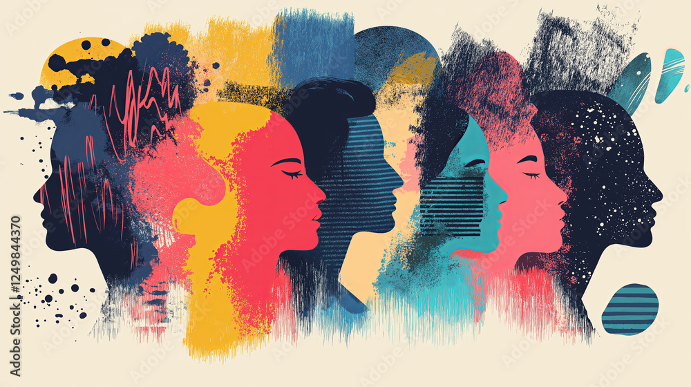 Obraz premium An abstract illustration featuring diverse human profiles in vibrant colors, representing neurodiversity, inclusion, and individuality.