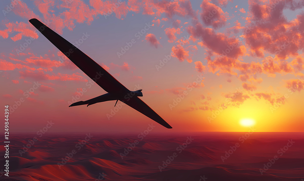 Naklejka premium Glider Over Desert Sunset View, Soaring Over Endless Sands for Scenic Adventure and Freedom