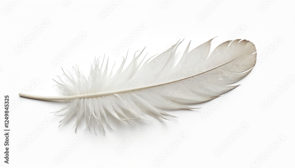 Obraz premium Soft white feather on white background. Delicate detail. Light, fluffy. Elegant, fragile object. Natural beauty. Close up view of feather. Perfect for nature lovers, designers. Ideal for backgrounds