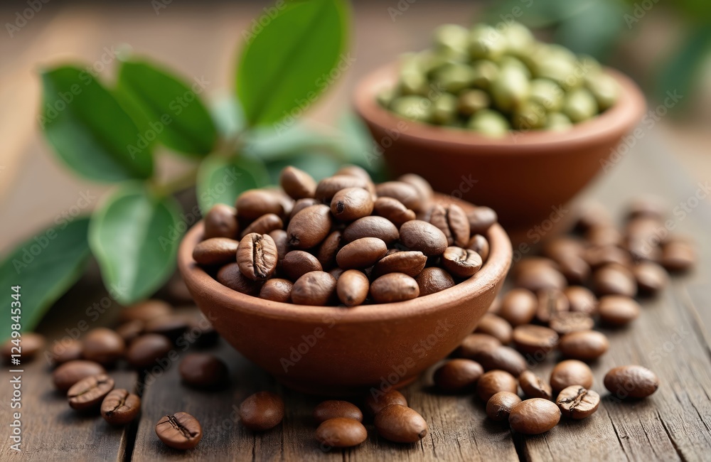 Fototapeta premium Roasted, unroasted coffee beans from African nations including Ethiopia, Ivory Coast, Uganda, Kenya, Rwanda, Tanzania displayed in bowls. Green unroasted beans in bowl in back, roasted beans in bowl