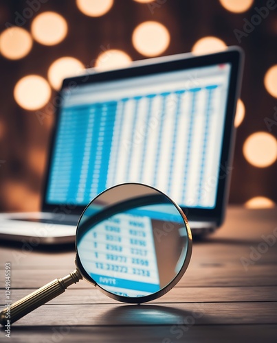 Magnifying glass focusing on financial data spreadsheet on laptop screen, representing data analysis, accounting, auditing, financial investigation, business intelligence, and research

