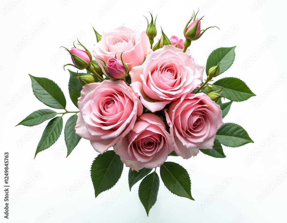 Obraz premium Beautiful bouquet of pink roses on white background. Soft petals and green leaves. Elegant floral arrangement ideal for wedding cards or romantic gifts. Lovely flowers symbolize love and beauty.