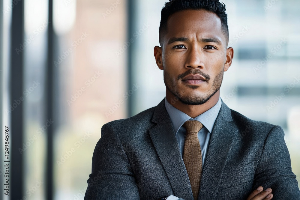 Fototapeta premium Confident business professional posing in a modern office setting during the early afternoon