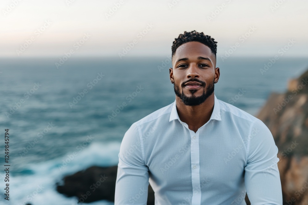 Man posed confidently by ocean cliffs during sunset, capturing a tranquil moment by the water Man posed confidently by ocean cliffs during sunset, capturing a tranquil moment by the water