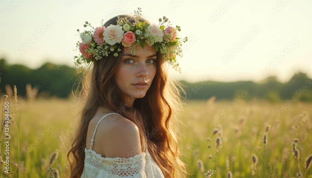 Young woman wears flower wreath in meadow. Beautiful scenery. Summer sunlight. Traditional pagan celebration. Back view. Natural background. Relaxed. Romantic lifestyle. Peaceful. Enjoy freedom in Young woman wears flower wreath in meadow. Beautiful scenery. Summer sunlight. Traditional pagan celebration. Back view. Natural background. Relaxed. Romantic lifestyle. Peaceful. Enjoy freedom in