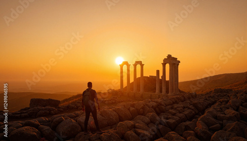 Adventurous exploration of ancient ruins at sunrise, travel inspiration