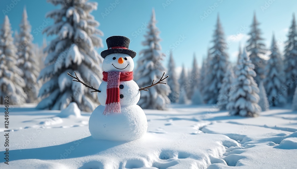 Obraz premium Cheerful snowman stands in snowy forest. Clear blue sky above. Snowy trees surround. Snowman hat, red scarf. Winter scene. Peaceful, joyful image. Perfect for winter holiday cards seasonal
