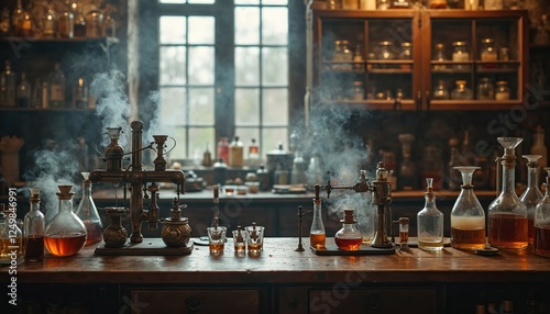 Antique alchemy lab countertop shows steam rising from brewing potions. Vintage equipment with bottles, jars filled with liquids. Old wooden counter. Mystical, scientific scene. Possible time period