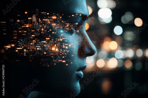 City lights merge with profile in a futuristic blend of urban landscape and human silhouette at night