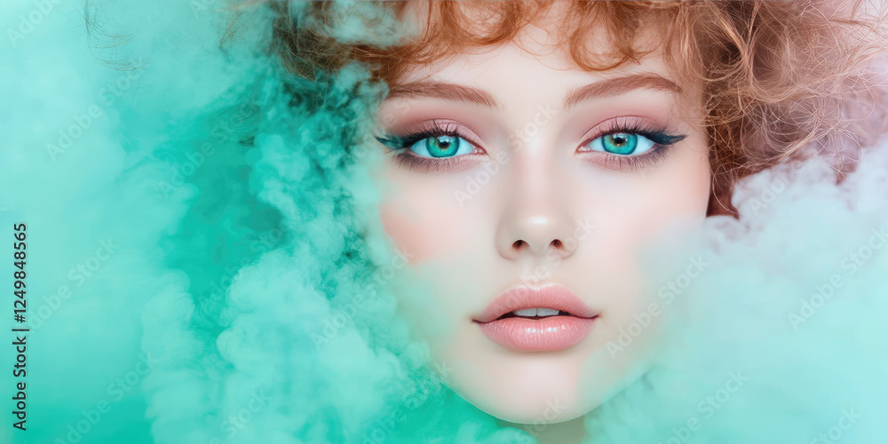 Fototapeta premium A delicate sweet portrait of a young woman in clouds of colored steam. A miracle, imagination, fantasy and dream.