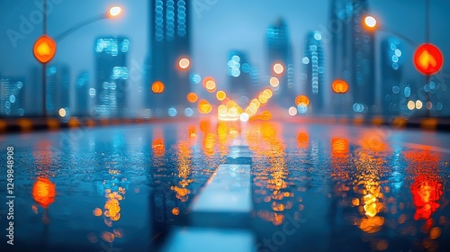 Rainy city street at night, cars driving, urban skyline reflections photo